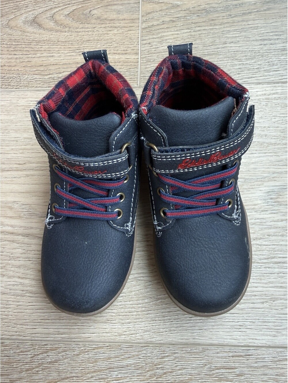 Eddie Bauer Toddler Boys Boots Size 8C Navy Plaid High Top Ankle Shoes